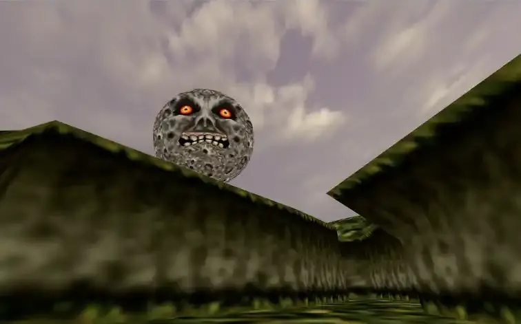 The moon from Majora's mask appearing over Kokiri forest.